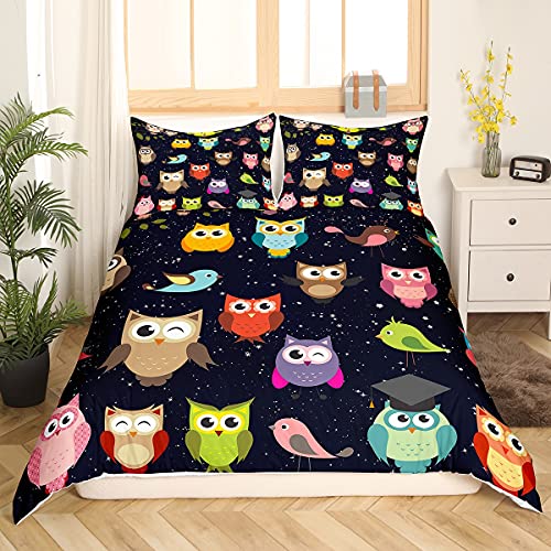 Hibou Parure de Lit 200x200cm Enfants Mignon Dessin Animé Galaxy Hibou Ensembles de Housse de Couette pour Garçons Ados Kawaii Wild Bird Housse de Couette Respirant...