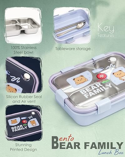 Image of Brand Conquer Lunch Box Leak-Proof BPA Free Stainless Steel for School, Lunch Box for School & Office with a Fork, a Spoon and a Pair of Chopsticks (Purple, Bear Family 3 Compartment)