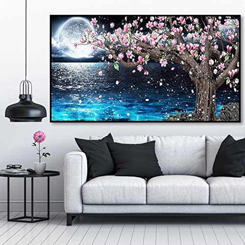 Pchmcu 5D Lake Diamond Painting , Diamond Painting Moon Kits For Adults，Diy Full Drill Crystal Rhinestone Arts And Crafts, Gem Art Paints With Diamond Home Wall Decor 27.5 X 15.7Inch #TOP6