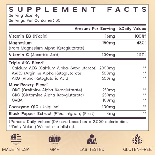 AKG Supplement for Mitochondria Support - Calcium AKG, AAKG, OKG, GKG, CoQ10, Vitamin B3 - High Absorption, 30 Servings