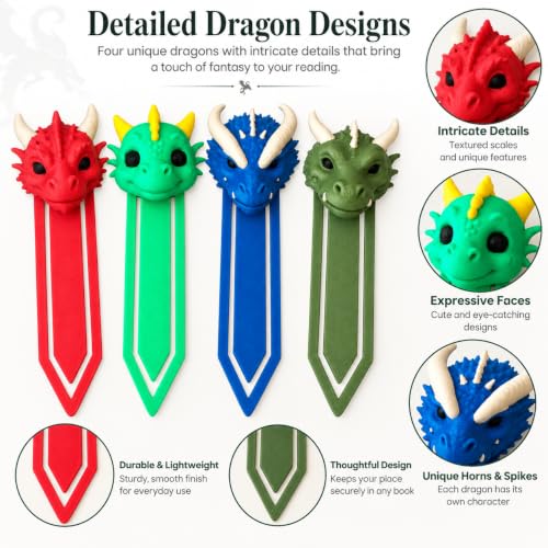 Image of 4 Pack Sanchi Homes Dragon Bookmarks Set, Unique 3D Fantasy Markers | Durable Bioplastic
