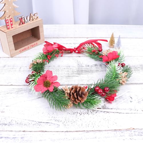 Minkissy Christmas Flower Crown Flower Hairband Christmas Headband Floral Wreath Garland With Holly Berry Leaves Christmas Hair Accessories For Woman Girls - Thumbnail 5