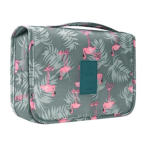 Hanging Toiletry Bag - Travel Portable Wash Bag Makeup Cosmetic Organizer for Women & Girls Waterproof Bathroom Shower Bag for Business Trip, Gym, Vacation & Household (Gray Flamingo)