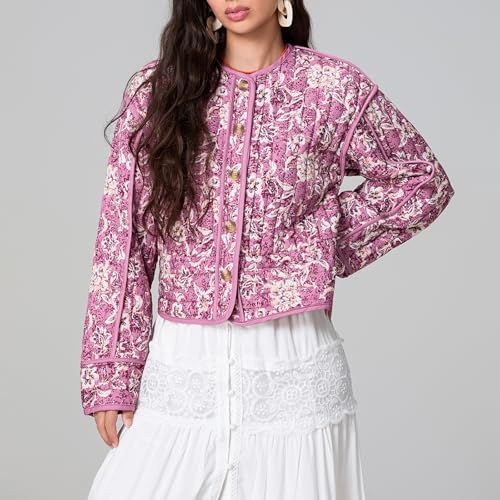 Veste courte matelassée à motif floral pour femmes, manteau cardigan léger à manches longues et à boutons, vêtements d'extérieur décontractés, d-rose, L – vue 4