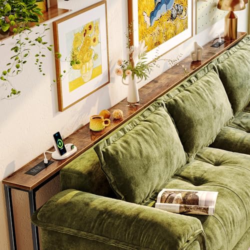 Huuger 110.2 Inch Behind Couch Table with 2 Power Outlets and USB-C Ports Extra Long Narrow Sofa Table for Sectional Sofa Skinny Console Table with Anti-Bump Pads for Living Room Rustic Brown