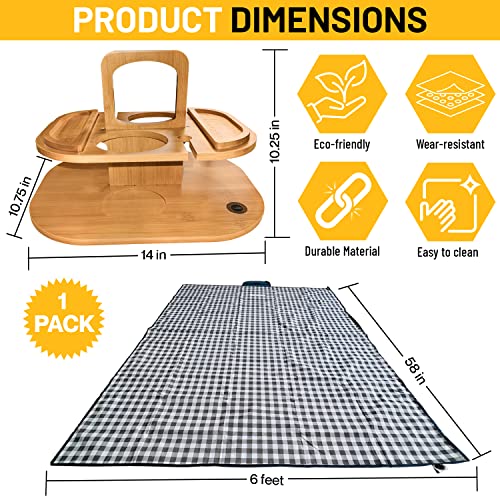 Solista Portable Wine Picnic Table Bamboo Made And Includes Picnic Blanket. Great For Enjoying Snacks And Drinks Mini Table Picnic Tray, Wine Gift, Decor For Outdoor Great For Camping Beach Park Pool. #TOP2