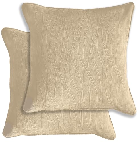 Image of Enhanced Living Pair of Goodwood Cream Textured Wave Pattern Cushion Covers 43x43cm – Embossed Wave Design with Piped Edge – Double-Sided, Zip Opening – Covers Only, No Inserts