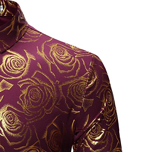 Herenmode bloemenroze bedrukte overhemden met lange mouwen, gala-bruiloftsoverhemden met knopen, casual slim-fit klassieke zakelijke overhemden - Afbeelding 5