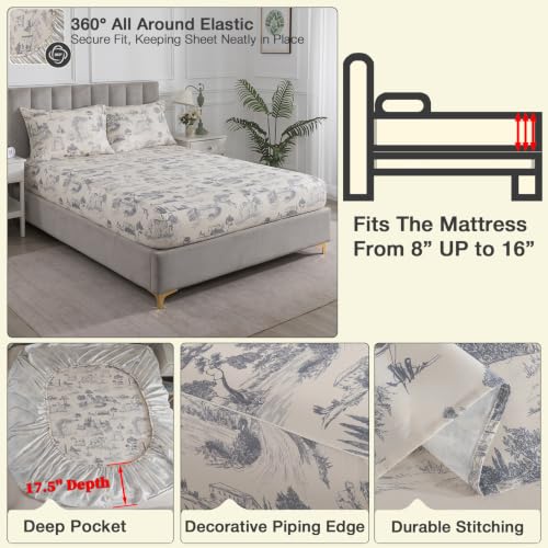 Image of French Country Vintage Toile Percale Sheets Queen Size Deep Pocket