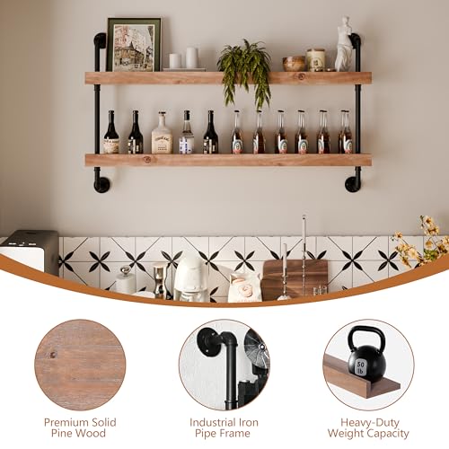 Image of Industrial Wine Rack Wall Mounted, Solid Wood Shelf with Metal Pipe Brackets, 2-Tier Rustic Hanging Organizer for Wine Bottle Storage in Kitchen, Bar, Pub, Cellar(Weathered Brown, 48 Inch)