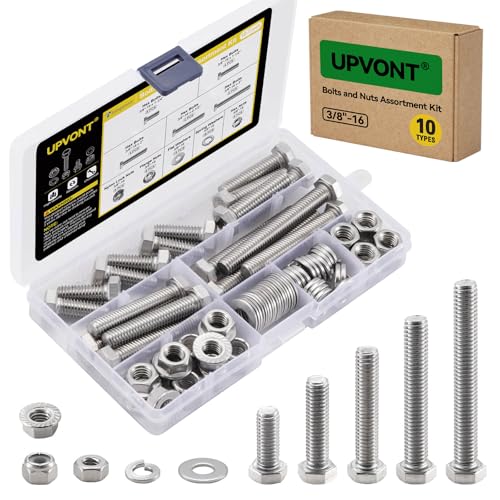 UPVONT Hex Bolts and Nuts Assortment Kit, 3/8"-16 UNC Nuts and Bolts Set (10 Types), 304 Stainless Steel Bolts and Nuts Kit with Nylon Lock Nuts, Flange Nuts and Spring Washers