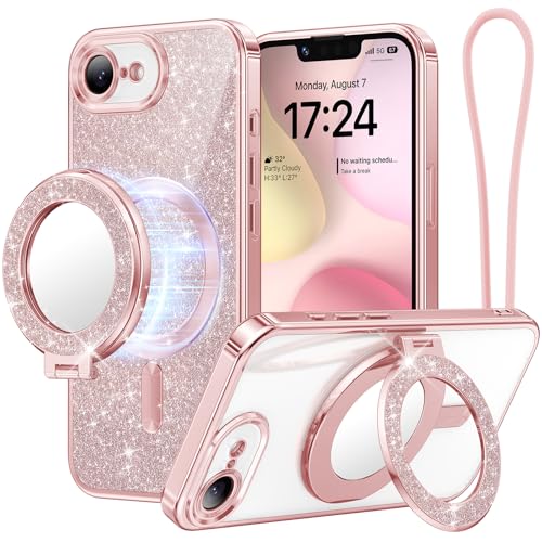 Meifgino Magnetic Case with Removable Phone Ring Stand for iPhone 16E 6.1’’, [Glitter Card & Wrist Strap] [MagSafe Compatible] [Built in Mirror] Phone Ring Stand + Phone Case Kit, Rose Gold
