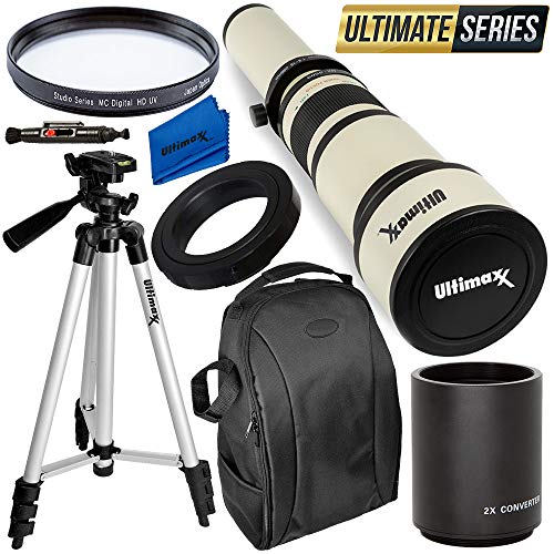 Ultimaxx 650-1300mm (with 2X- 1300-2600mm) Telephoto Zoom Lens Kit for Canon EOS Rebel T3, T3i, T4i, T5, T5i, T6, T7 T6i, T6s, T7i, SL1, SL2, EOS 60D, 70D, 77D, 80D, 5D III, 5D IV, 6D, 7D, 7D II
