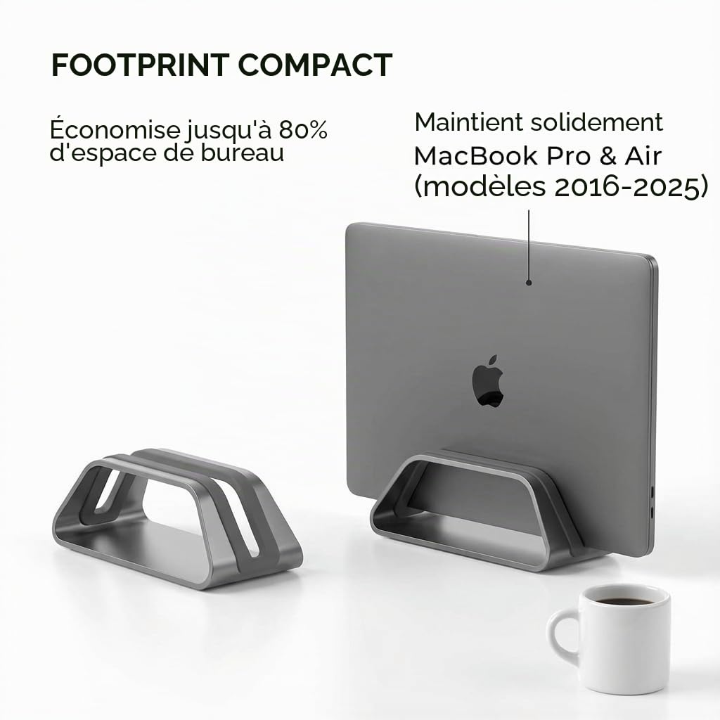 HumanCentric Support Vertical Compatible avec MacBook Pro et MacBook Air, Support de Bureau pour Laptop, en Aluminium, Inserts interchangeables pour s'adapter à différents modèles, argenté