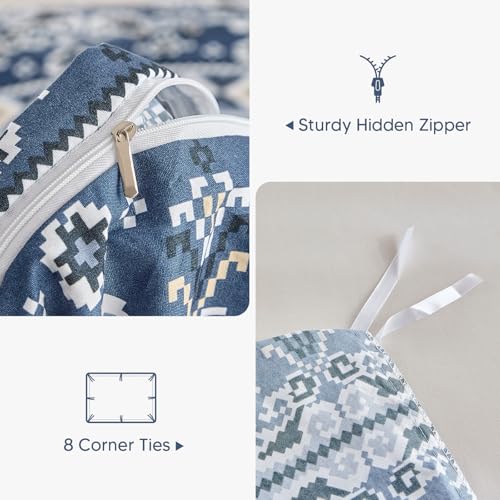 Image of Lekesky Boho Duvet Cover Queen Size, Blue Comforter Cover Queen Size White Geometric Floral Printed Duvet Set, 3 Pieces Soft Microfiber Bedding Set with Zipper Ties (Queen, 90 inchx90 inch)