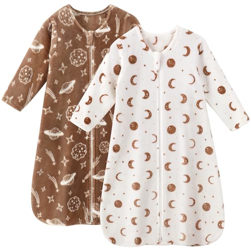Image of Unnivoll Fleece Baby Sleep Sack 6-12 Months Long Sleeve 2.0 Tog Baby Wearable Blanket with 2-Way Zipper Warm Sleeping Sack for Toddler Infant Newborn - Medium White Brown Moon