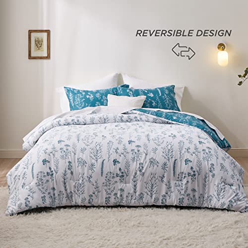 Image of Bedsure Queen Comforter Set - Teal Blue Bed Set, 3 Pieces Cute Floral Bedding, 1 Soft Reversible Botanical Flowers Comforter and 2 Pillow Shams