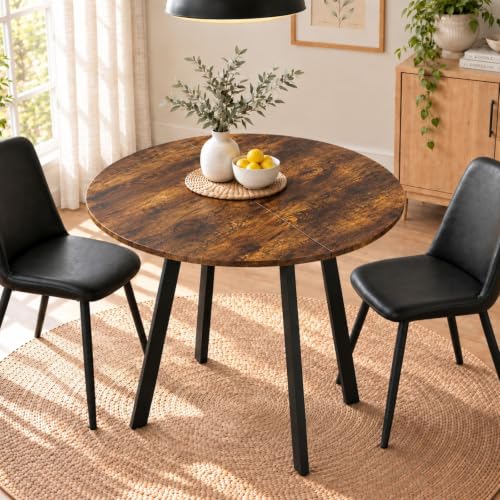 Karl home 35.4" Small Round Dining Table, Wood Finish Steel Legs, 2-4 Seat