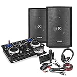 DJ package with dual 8" passive speakers, twin CD mixer with built-in 200W amplifier, wired microphone, headphones, and all required cables