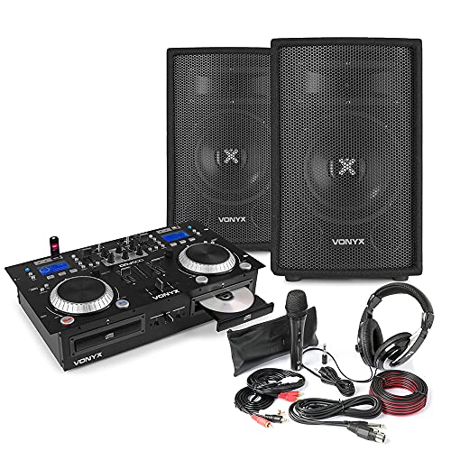 DJ package with dual 8 passive speakers, twin CD mixer with built-in 200W amplifier, wired microphone, headphones, and all required cables