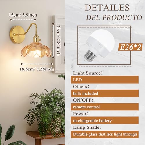Image of Vintage Glass Sconces, Battery Operated Wall Light with Remote, Rechargeable Wall Sconces RGB, No Socket Required, Easy to Install, Vintage Wall Sconce for Bedroom, Hallway, Aisle