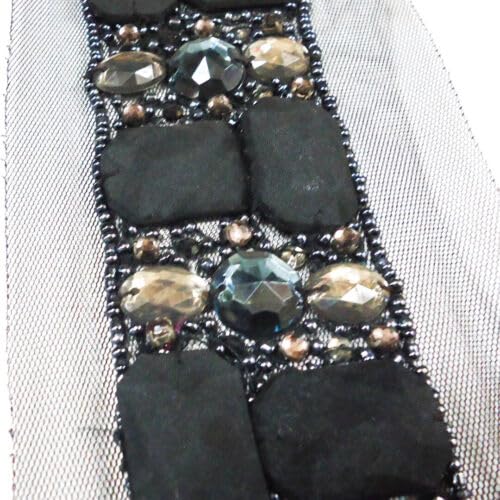 Black Beaded Trim Mesh with Stones Sold by The Yard Fabric