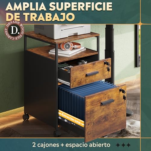 DEVAISE Archivador Retro 2 Cajones Marrón Envejecido Vintage, Soporte para Impresora con Estante Abierto, Papel A4 Carta para Oficina - imagen 6