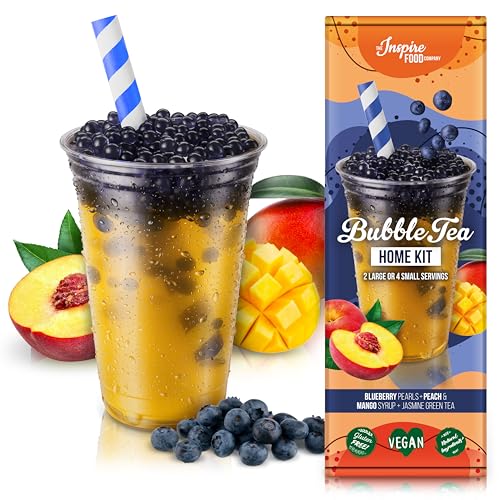 INSPIRE FOOD Bubble Tea Kit Completo - Boba Mirtilli, Sciroppo Pesca e Mango, 4 Cannucce + 2 Bustine Tè Gelsomino. 100% Vegano, Senza Glutine, Senza Coloranti Artificiali
