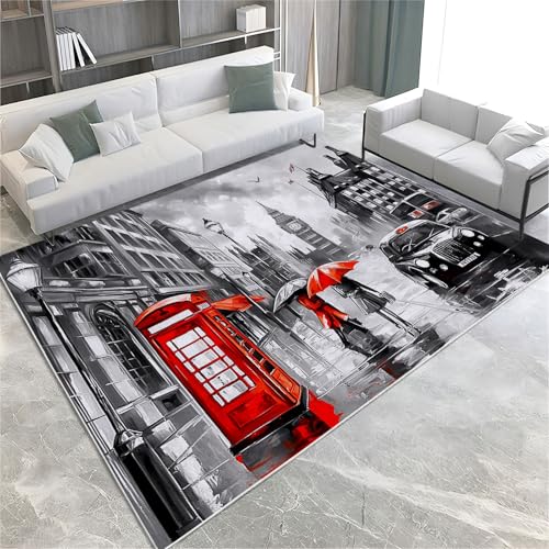 Scène Rue Londres Tapis Salon 60 x 90 cm Lavable en Machine Antidérapant Bâtiment Ville Tapis, Descente de Lit Doux Poil Ras - Moquette de Salon Salle à...