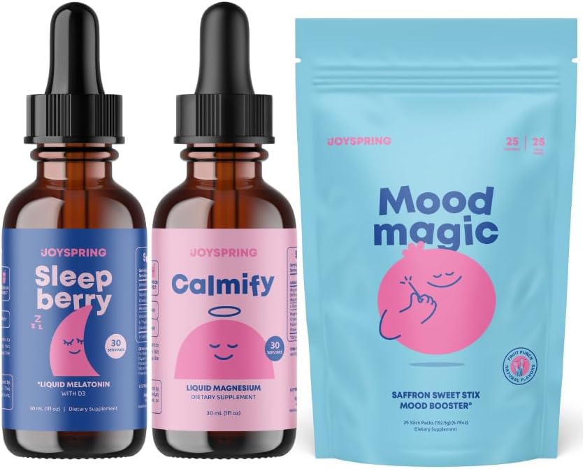 JoySpring SleepBerry - Melatonina líquida, gotas de citrato de magnesio y glicinato y palito de azafrán para niños
