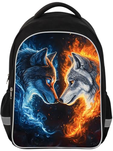 Kids Backpack Lightweight Durable Medium Teens Kids Backpack for School Boys and Girls Bookbag with Adjustable Shoulder Straps & Padded Back 17 Inch School bags with 3D Reflective Wolf Cartoon
