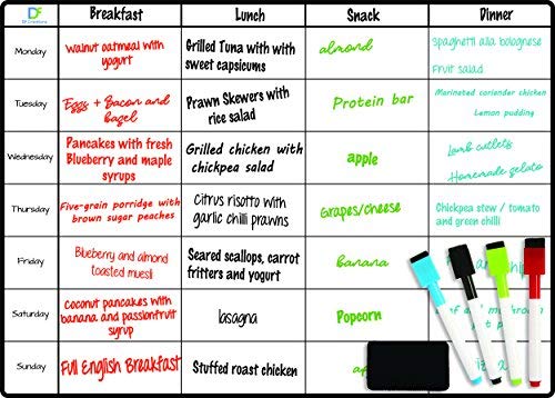 Meal Planner Whiteboard by DF Creations - Magnetic Weekly White Board for Fridge - Calendar for Menu Plan - Board Task - Kids Activities - Study - Family Schedules 4 Dry Erase Markers and Large Eraser