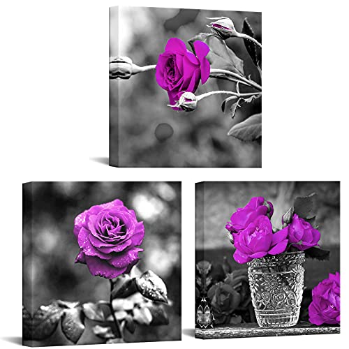 Nachic Wall Art - Decorazione da parete per camera da letto, 3 pezzi, motivo floreale con rose bianche e nere, decorazione da parete in bianco e nero, con cornice pronta da appendere