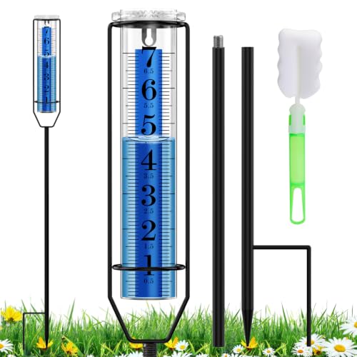 BoArt Rain Gauge, 7" Freeze-Proof Thickened Transparent Plastic Rain Gauge Outdoor, Large Clear Numbers and Adjustable Height Rain Measuring Tool for Garden, Lawn, Patio, and Farm Use
