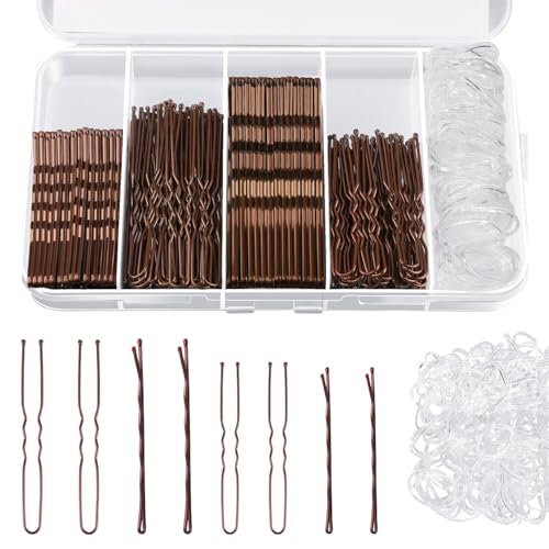 200 Piezas Horquillas para El Pelo, 100 Diademas, Cabello Onduladas de Metal, Horquillas en Forma, de U Horquilla Invisible Para Mujeres y Niñas, Moños Largos, Rizados(Brown)