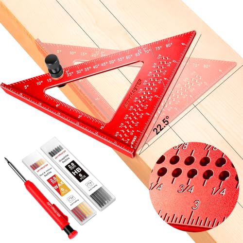 7 inch Carpenter Square, 1/16" Precision Hole Scribing Square Tools, 0-90° Aluminum Alloy Rafter Square, Woodworking Square with Stair Gauge & Carpenter Pencils 12 Refills AM13F