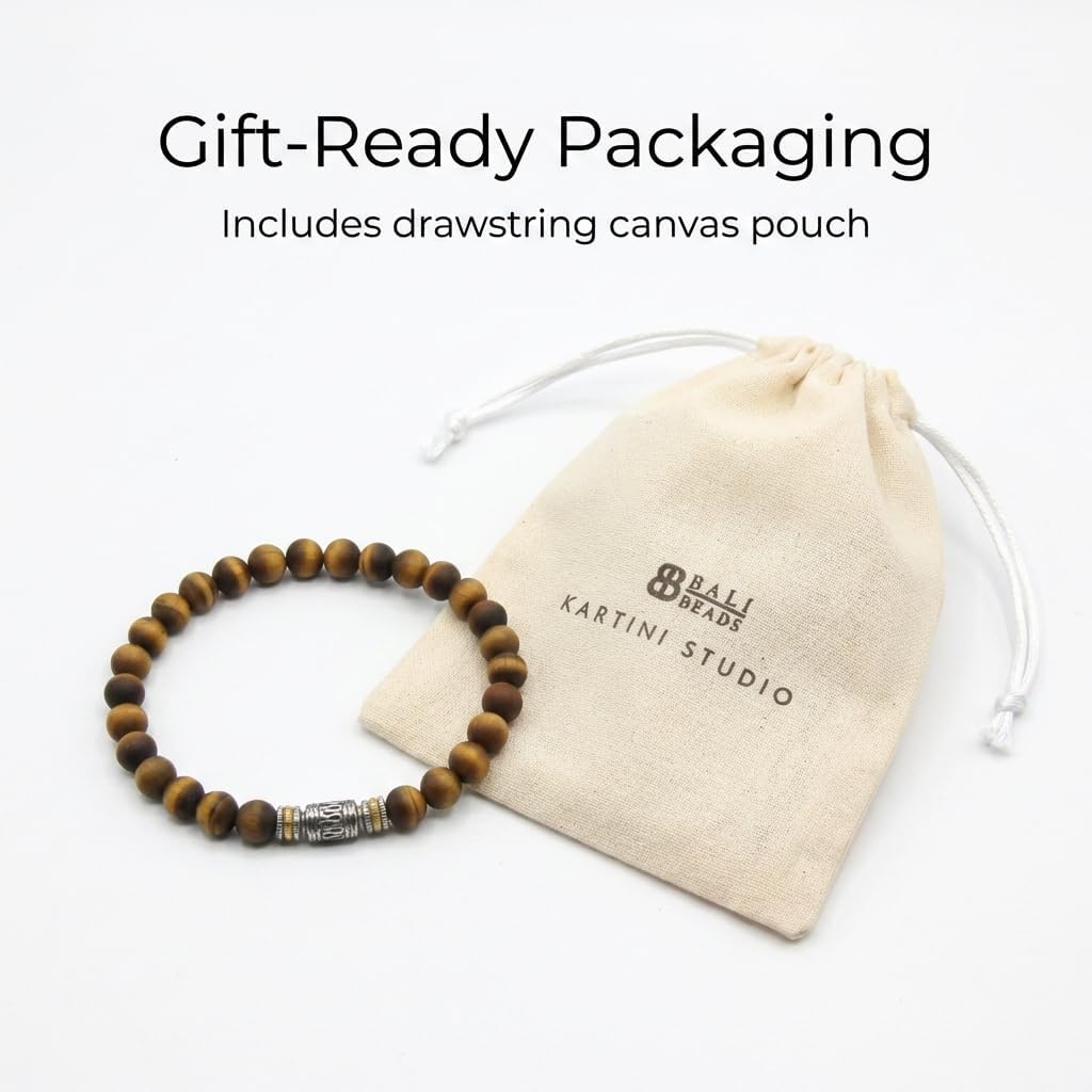 Kartini Studio Tiger's Eye Bracelet, Men's Brushed Tiger's Eye and Stainless Steel Bracelet, Bead Jewelry for Man