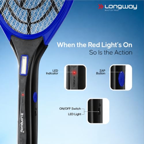 Image of Longway Zappy Rechargeable Mosquito Killer Racket Built in COB Light | 3500V DC Voltage on The Net Mesh| Mosquito Bat | 1 Month Stand by 500mah Long Lasting Internal Battery (Blue)