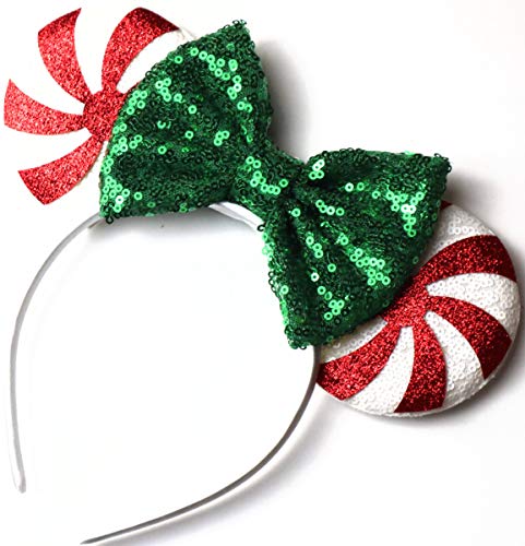 CLGIFT Red peppermint Minnie ears, Peppermint Mickey ears, Christmas Minnie ears, Silver gold blue minnie ears, Rainbow Sparkle Mouse Ears,Classic Red Sequin Minnie Ears (Christmas Candy Cane)
