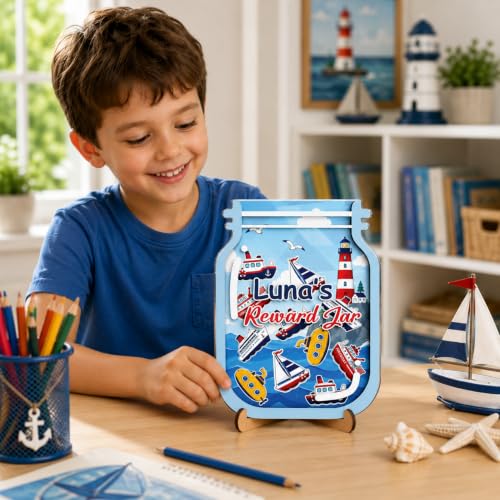 Image of Personalized Nautical Magnetic Reward Jar for Kids, Classroom Rewards Jar, Wooden Positive Behavior System with Boat Tokens, Potty Training Reward Jars for Toddler, Back to School, Classroom Decor