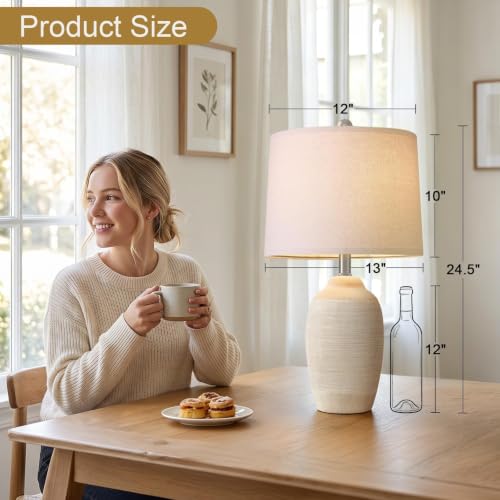 Image of 24.5 inch Vintage Ceramic Table Lamp Single-Rustic Boho Accent Nightstand Lamps for Bedroom, Living Room, Entryway-Small Textured Bedside Lamps, Modern Farmhouse Table Lamps for Home Decor Beige