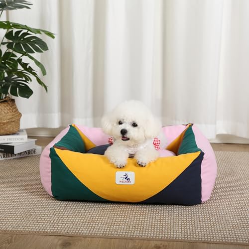 Image of Cotton Canvas Dog Bed, Pink Dog Beds for Small Dogs, Puppy Bed with Washable Removable Cover, Durable 290 GSM Cotton Anti-Chewing Pet Bed with Anti-Slip Bottom (24 inchx20 inchx8 inch, Pink&Yellow&Green)