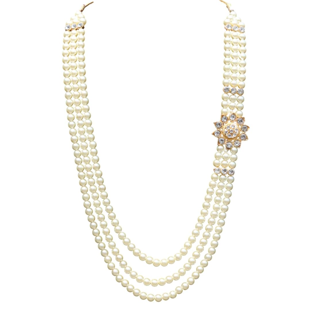 Handmade Pearl Stone & Studded AD(American Diamond) Necklace Jewellery For Men/Groom For Wedding(Dhula Mala/Kantha Haar) Or Special Occasions 7822