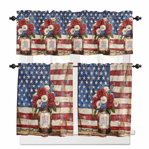 4th of July Kitchen Curtains 36 Inch Length, 3 Piece Rod Pocket Small Half Tiers and Valance Set, Independence Day Floral American Flag Small Large Window Treatment Decor for Bedroom/Bathroom Sink