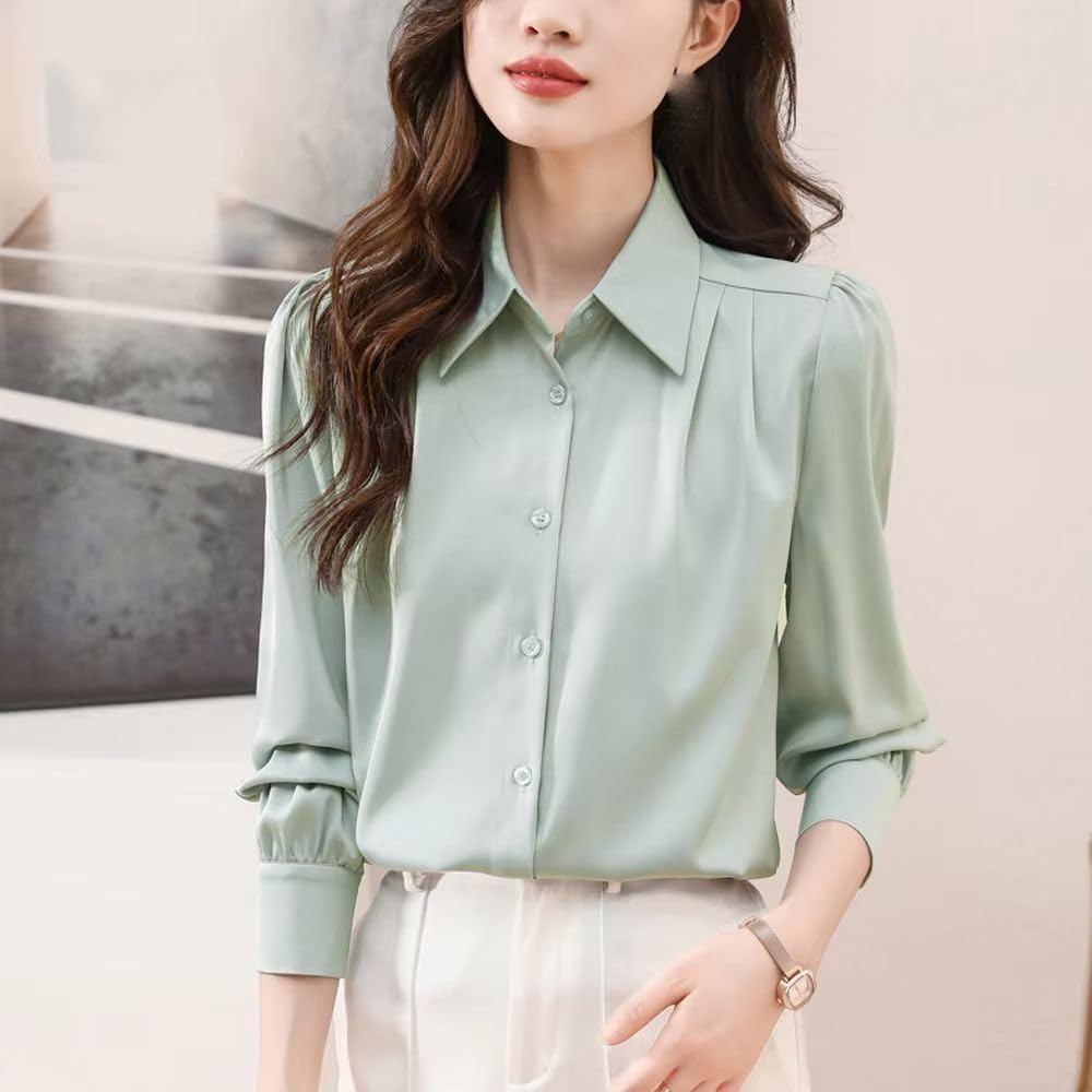 Women's Solid Color Career Top Elegant Office Lady Long Sleeve Vintage Satin Blouse Casual White Shirt