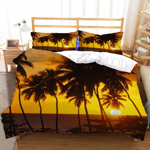 Palm Leaf Duvet Cover Sunset Bedding Set Double Size Quilt Cover 3D Microfibre Comforter Cover with Zipper and Pillowcases 3 Pcs