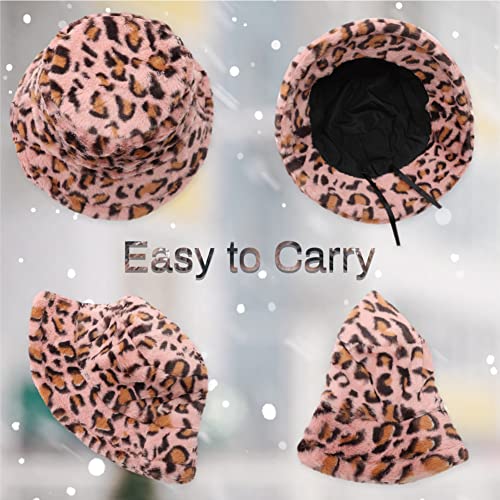 Bucket Hat Women Furry Fuzzy Bucket Hats For Ladies, Winter Warm Fluffy Plush Faux Fur Hat For Girls (Leopard-Pink) #TOP3