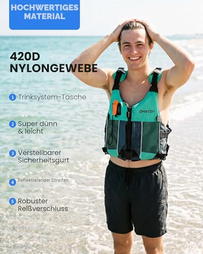 Owntop Schwimmhilfen Erwachsene Jugend mit Trinkrucksack, Pfeife, Mesh Taschen| Verstellbare Auftriebsweste| Leichte Schwimmjacke Unisex für SUP, Kajakfahren, Angeln Alle Wassersportarten