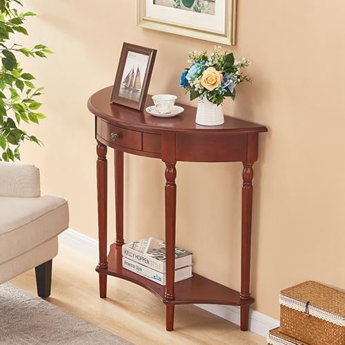 Mesa semicircular de madera maciza con cajón y estante, mesa de entrada semicircular para porche con estante inferior abierto, consola vintage de madera para sala de estar, entrada y pasillo (marrón,