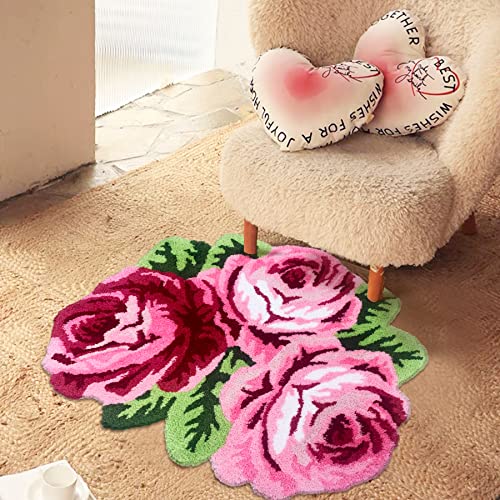 Abreeze 3 Rose Shaped Rug Pink Roses Rug Shaggy Bath Mat Anti-Slip Mat Personalized Custom Carpets Doormat Bathroom Rug Super Water Absorbent, Machine Washable #TOP3